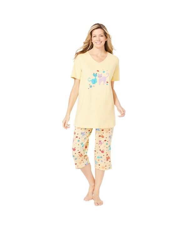 ドリームスアンドコー レディース アンダーウェア ナイトウェア プラスサイズ コットン キャップ Dreams & Co. Plusize Dreams and Co. 2-Piece Capri Cotton PJ Set Yellow cats イエロー|ReVida 店