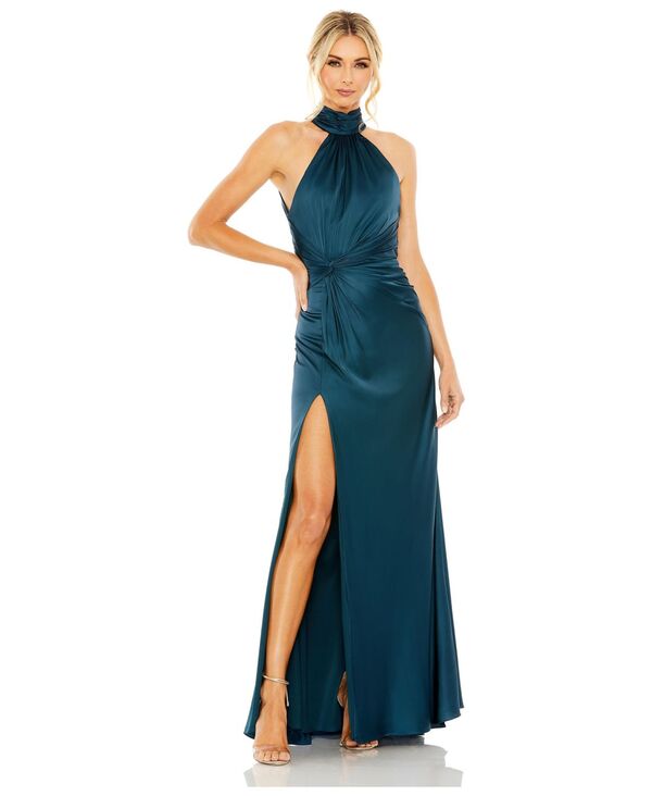 マックダガル レディース トップス ワンピース オープンバック ハイネック プチ ギャザー Mac Duggal Petite Open Back High Neck Side Ruched Gown Ocean|ReVida 店