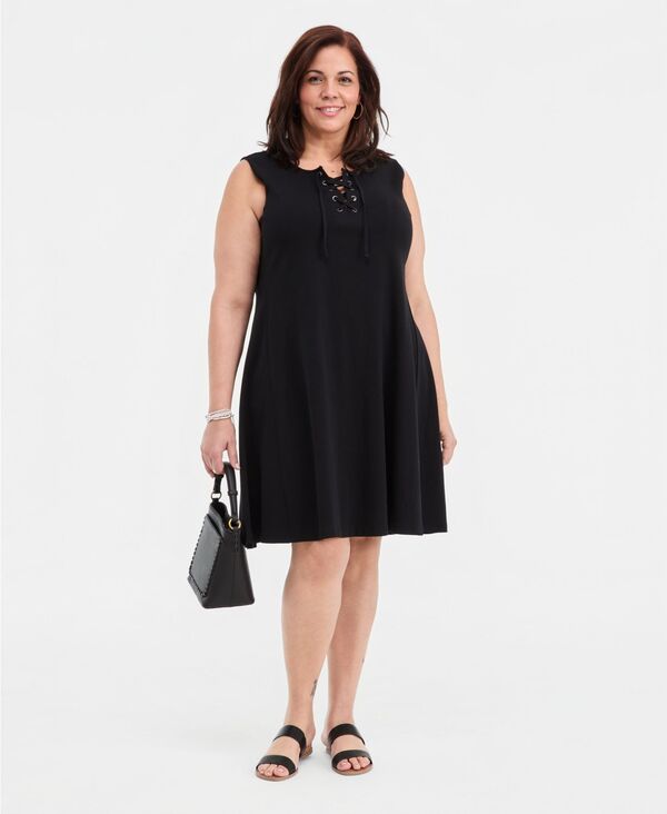 スタイルアンドコー レディース トップス ワンピース プラスサイズ レース Style & Co Plusize Solid Lace-Up Dress Deep Black ブラック｜ReVida 店