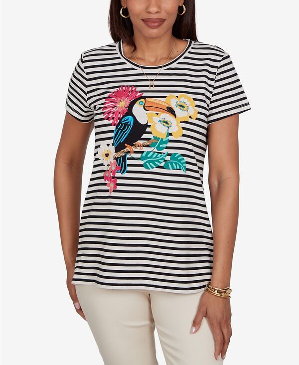 ルビーアールディー レディース トップス Tシャツ プチ ニット Ruby Rd. Petitembellished Toucan Stripe Knit-Shirt Black Multi ブラック|ReVida 店
