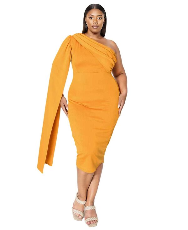 リブド レディース トップス ワンピース ケープデザイン プラスサイズ キャップ ケープ L I V D Plusize Spade One Shoulder Cape Dress Mustard マスタード|ReVida 店