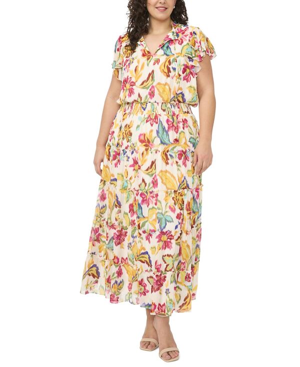 ミスク レディース トップス ワンピース ティアード プラスサイズ マキシ MSK Plusize Flutter-Sleeve Tie red Split-Tie Neck Maxi Dress Pink Yarrow ピンク|ReVida 店