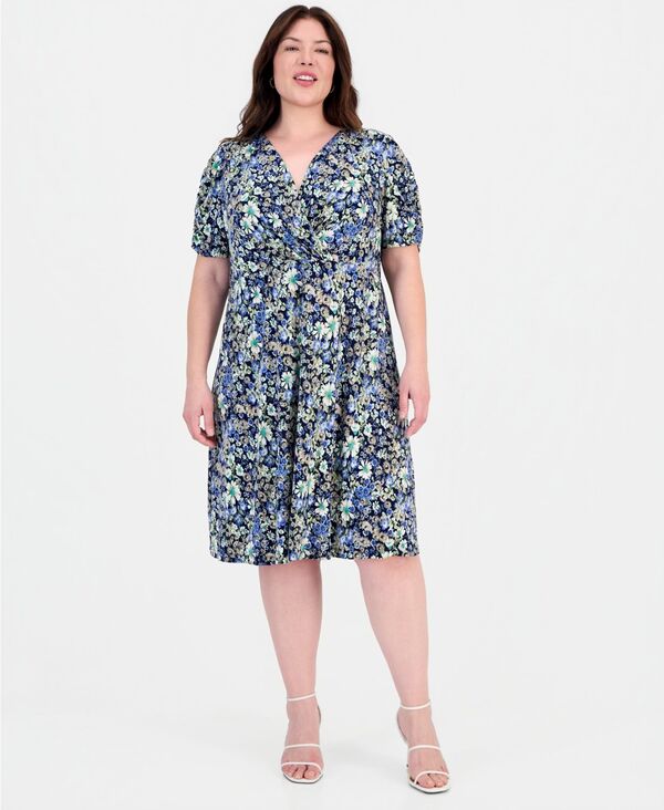コネクテッド レディース トップス ワンピース プラスサイズ 半袖 Connected Plusize Surplice-Neck Short-Sleeve Dress Blu|ReVida 店