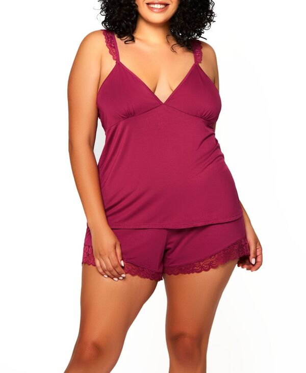 アイコレクション レディース アンダーウェア ナイトウェア プラスサイズ レース iCollection Plusize Josie Modal Cami Short Setrimmed in Lace 2-Piece Set Raspberry - Viscose Spandex|ReVida 店