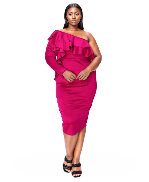 リブド レディース トップス ワンピース プラスサイズ フリル L I V D Plusize Val Ruffled Bodycon Dress Magenta マゼンタ｜ReVida 店
