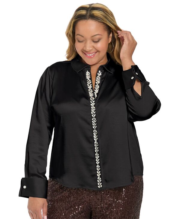 ミューズ レディース トップス ワンピース プラスサイズ サテン 長袖 Muse Plusize Long-Sleeve Satin Top Black ブラック|ReVida 店