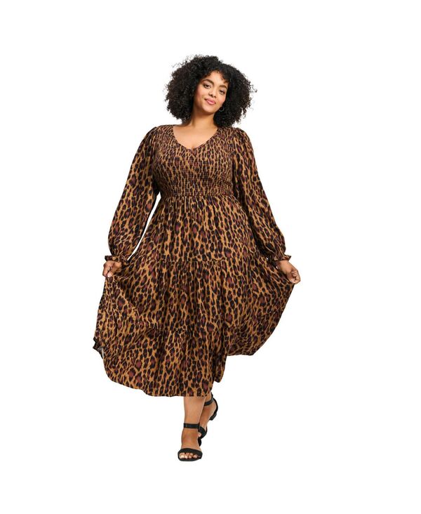 アベニュー レディース トップス ワンピース プラスサイズ AVENUE Women's Plusize Indi Puff Sleeve Shirredress Leopard アニマル|ReVida 店