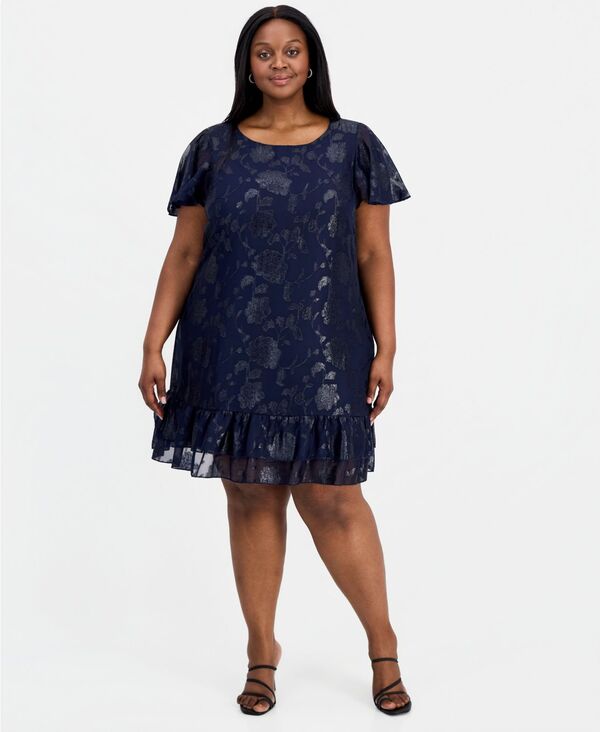 コネクテッド レディース トップス ワンピース プラスサイズ フリル Connected Plusize Round-Neck Ruffle-Hem Dress Mid｜ReVida 店