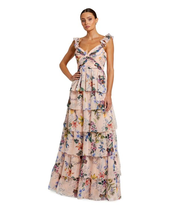 マックダガル レディース トップス ワンピース ティアード シフォン フラワー柄 プリント フリル ノースリーブ フラワー Mac Duggal Women's Ruffle Sleeveless Chiffon Tie red Floral Print Gown Pink multi ピンク|ReVida 店