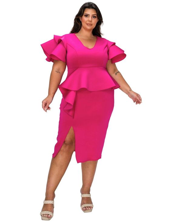 リブド レディース トップス ワンピース プラスサイズ L I V D Women's Plusize Kira Neoprene Peplum Dress Fuchsia フューシャ|ReVida 店