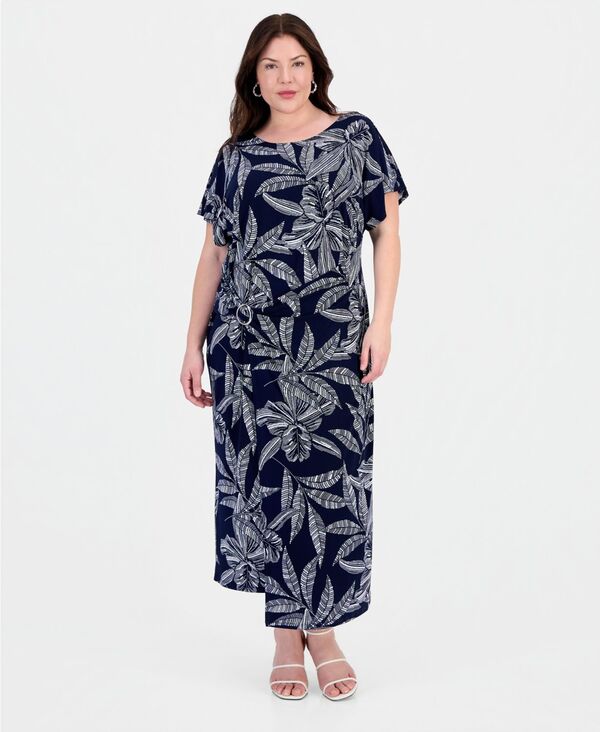 ロビー・ビー レディース トップス ワンピース プラスサイズ プリント Robbie Bee Plusize Printed Faux-Wrap O-Ring Dress Navy.wht ネイビー｜ReVida 店