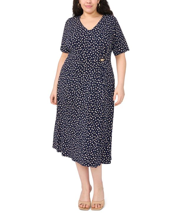 ミスク レディース トップス ワンピース Vネック プラスサイズ ミディ MSK Plusize V-Neck Hardware Detail Midi Dress Navy Multi ネイビー|ReVida 店