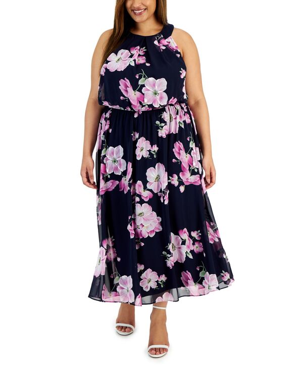 ロビー・ビー レディース トップス ワンピース フラワー柄 プラスサイズ プリント マキシ フラワー ホルター Robbie Bee Plusize Floral-Print Halterneck Maxi Dress Navy.pink ネイビー｜ReVida 店 28,980円