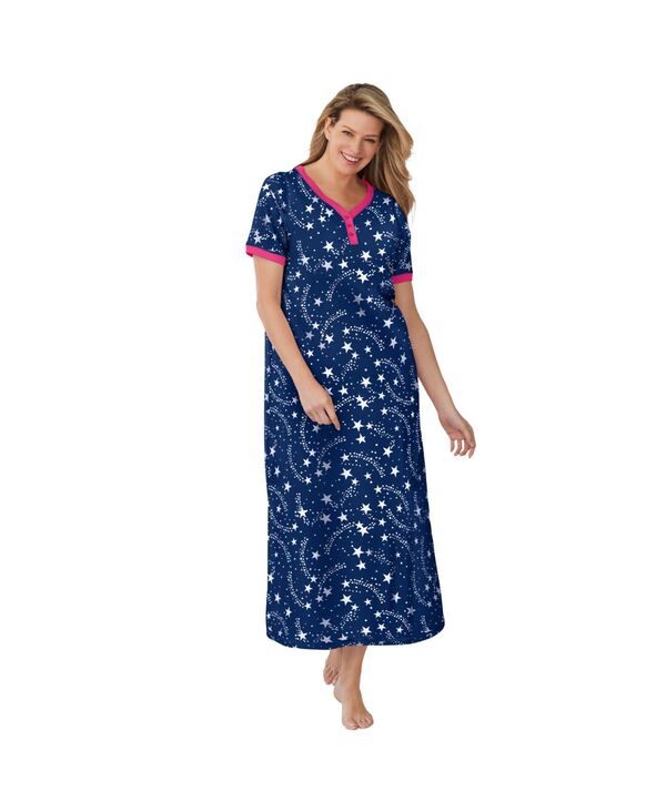 ドリームスアンドコー レディース トップス シャツ Dreams & Co. Women's Long Henley Sleepshirt Evening blue stars ブルー｜ReVida 店