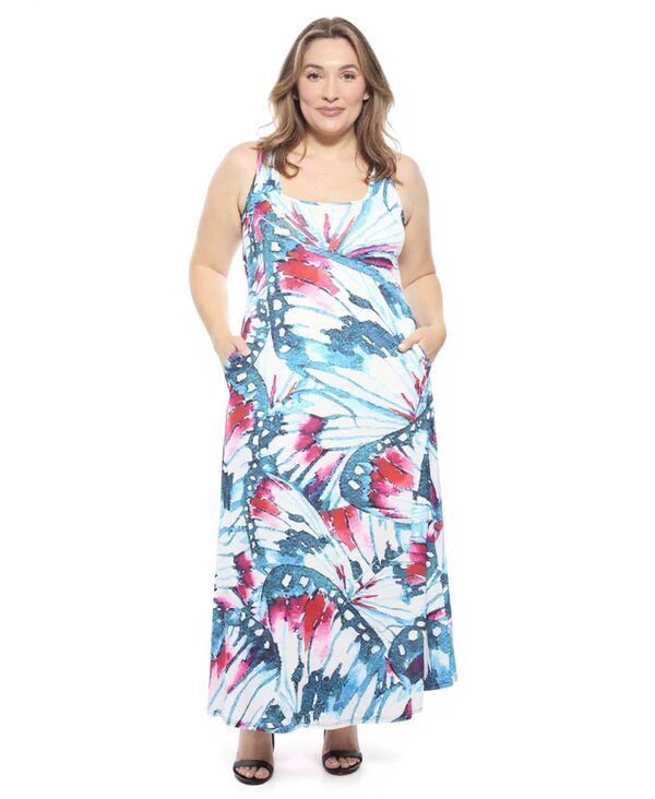 24 セブンコンフォート レディース トップス ワンピース プラスサイズ マキシ 24seven Comfort Apparel Plusize Butterfly Scoop Neck Pocket Maxi Dress Blue Multi ブルー|ReVida 店