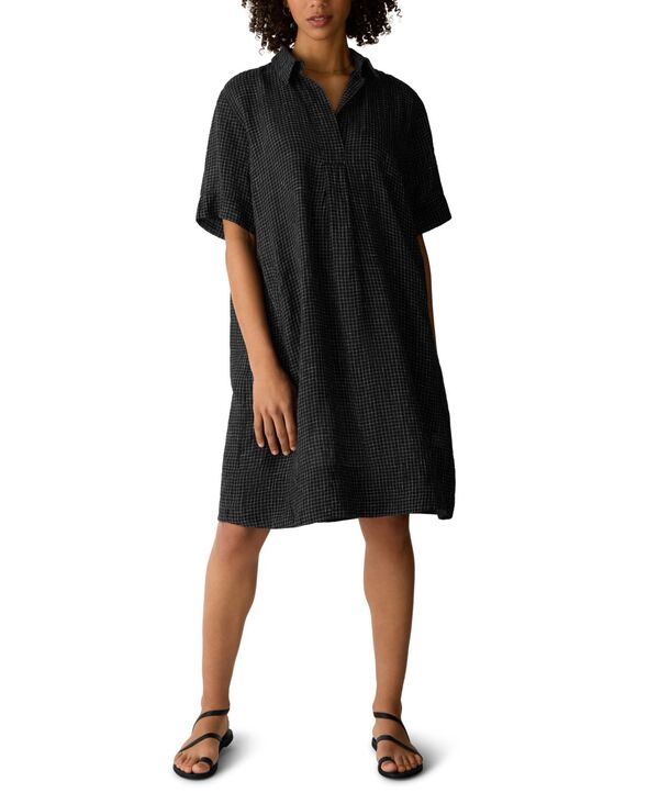エイリーンフィッシャー レディース トップス ワンピース 半袖 Eileen Fisher Women'short-Sleeve Collaredress Black/white ホワイト｜ReVida 店