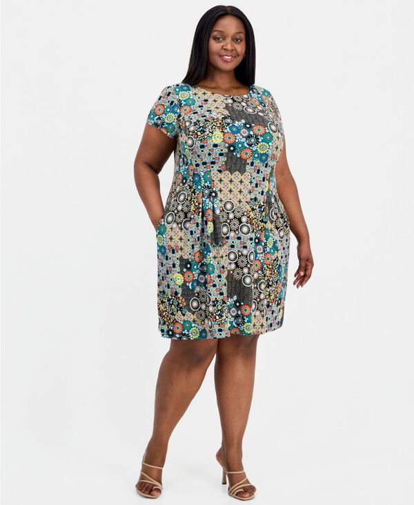 コネクテッド レディース トップス ワンピース プラスサイズ プリント 半袖 Connected Plusize Printed Round-Neck Short-Sleeve Dress Pck|ReVida 店