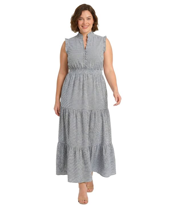 ロンドンタイムス レディース トップス ワンピース ティアード プラスサイズ ノースリーブ マキシ London Times Plusize Sleeveless Tie red Maxi Dress White blue ホワイト｜ReVida 店
