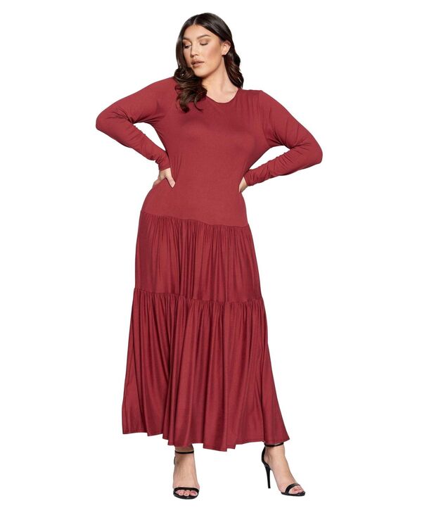 リブド レディース トップス ワンピース ティアード プラスサイズ マキシ L I V D Plusize Tie red Maxi Dress with Long Sleeves Marsala｜ReVida 店ワンピース