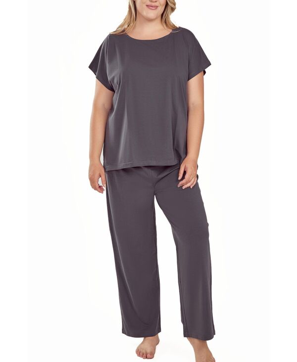 アイコレクション レディース アンダーウェア ナイトウェア プラスサイズ ニット iCollection Plusize Soft Knitop and Cropant Pajama Set Charcoal チャコール|ReVida 店