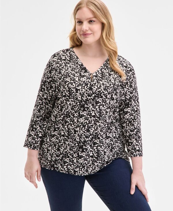 ジョーンズニューヨーク レディース トップス シャツ フラワー柄 プラスサイズ プリント フラワー Jones New York Plusize Floral-Printop Jones Black/Jones White ホワイト｜ReVida 店 10,991円