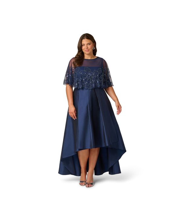 アドリアナ パペル レディース トップス ワンピース ケープデザイン アシンメトリー プラスサイズ キャップ ケープ Adrianna Papell Plusize Cape Detail Asymmetrical Ball Gown Light Navy ネイビー｜ReVida 店