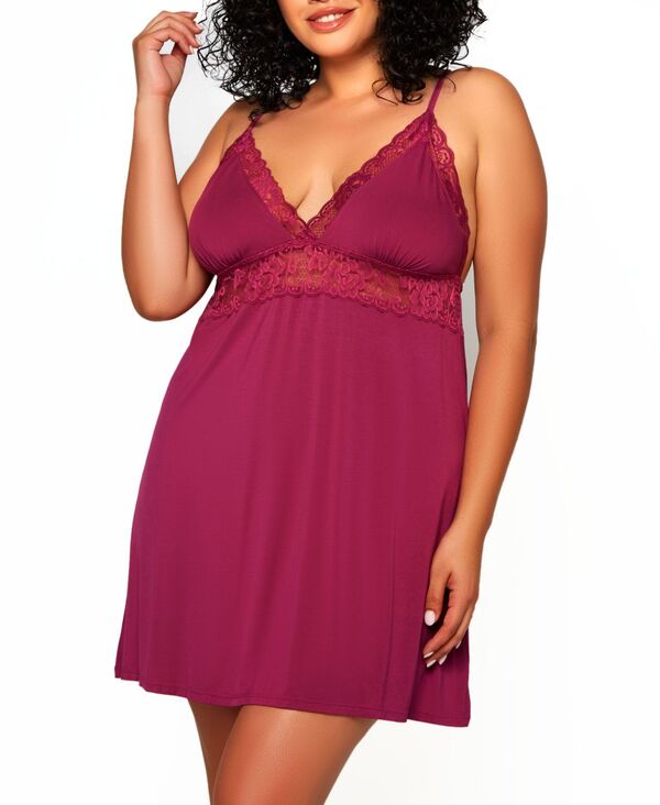アイコレクション レディース アンダーウェア ナイトウェア プラスサイズ レース iCollection Plusize Josie Modal Chemise Trimmed in Elegantonalace Lingerie Raspberry - Spandex Viscose｜ReVida 店