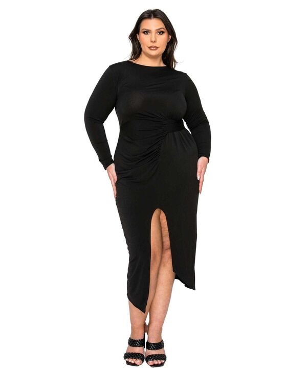 リブド レディース トップス ワンピース プラスサイズ ギャザー ミディ L I V D Plusizestelle Ruched Bodycon Midi Dress Black ブラック｜ReVida 店