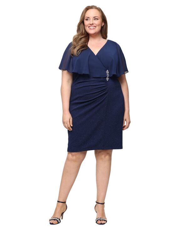 エスエルファッションズ レディース トップス ワンピース Vネック プラスサイズ キャップ ケープ SL Fashions Plusize V-Neck Embellished Capelet Sheath Dress Navy ネイビー｜ReVida 店