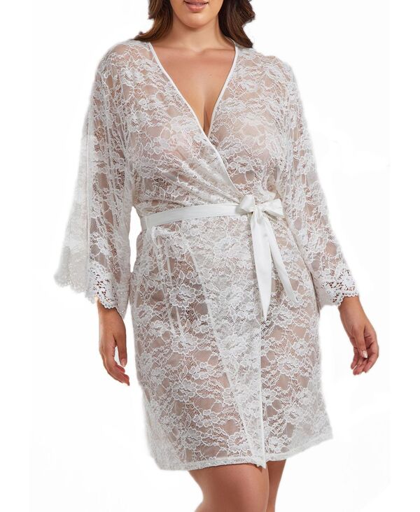 アイコレクション レディース アンダーウェア ナイトウェア プラスサイズ シアー サテン レース iCollection Jasmine Plusize Soft Sheer Lace Robe with Self Tie Satin Sash White ホワイト｜ReVida 店