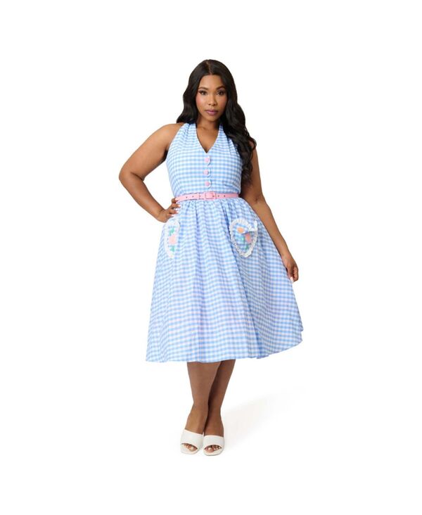 ユニークビンテージ レディース トップス ワンピース プラスサイズ ホルター Unique Vintage Plusize Halter Scallop Swing Dress Blue gingham floral patch ブルー｜ReVida 店
