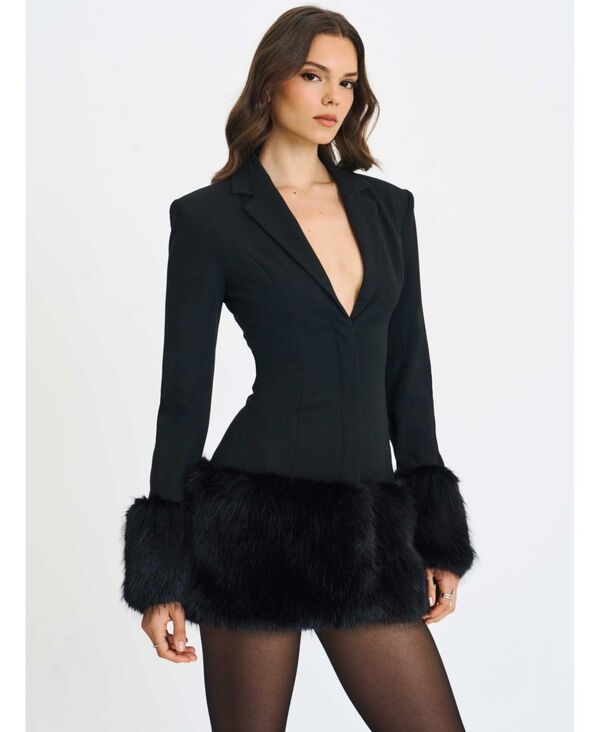 ミスサークル レディース アウター ジャケット・ブルゾン Vネック ミニ ブレザー Miss Circle Women Wenona Black Fur Trimmed V-Neck Mini Blazer Dress Black ブラック|ReVida 店
