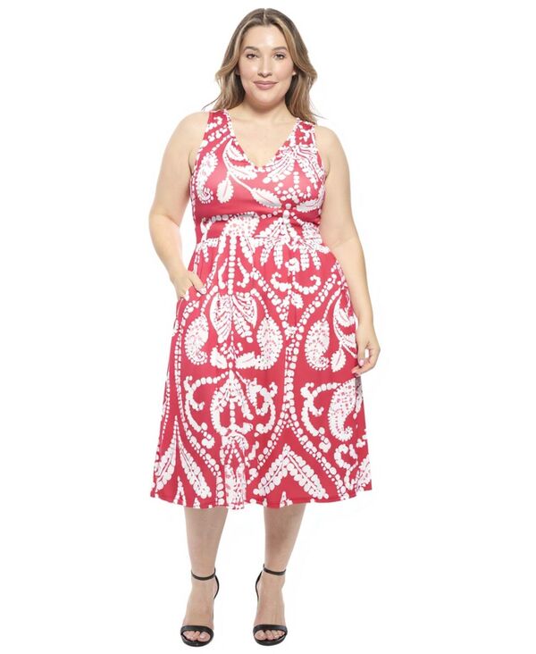 24 セブンコンフォート レディース トップス ワンピース プラスサイズ プリーツ 24seven Comfort Apparel Plusize Paisley Pleated Pocket Fit and Flare Dress Red Multi レッド｜ReVida 店