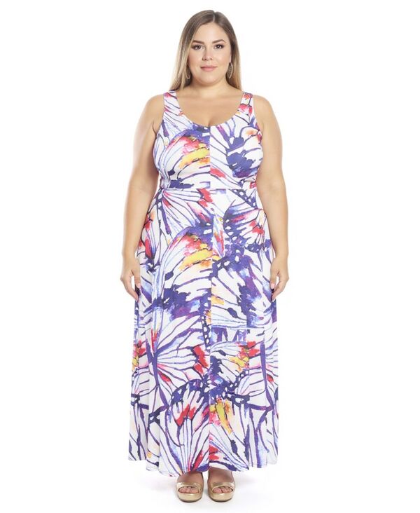 24 セブンコンフォート レディース トップス ワンピース A ライン プラスサイズ マキシ 24seven Comfort Apparel Plusize Butterfly Scoop Neck A-Line Maxi Dress Purple Multi パープル|ReVida 店