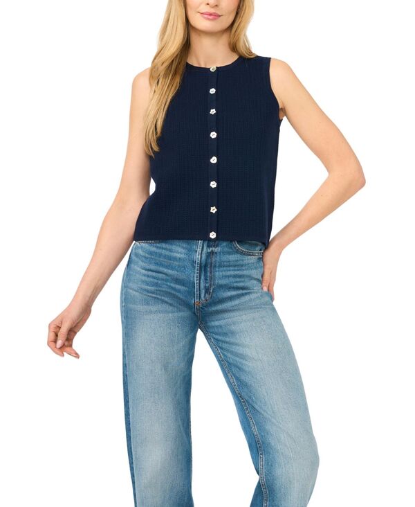 セセ レディース トップス タンクトップ ノースリーブ コットン CeCe Women's Pointelle Sleeveless Button-Up Cotton Tank Top Classic Navy ネイビー｜ReVida 店