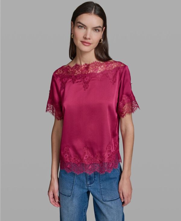 カール ラガーフェルド レディース トップス シャツ レーストリム 半袖 ブラウス レース KARLAGERFELD PARIS Women'short-Sleeve Lace Trim Blouse Currant｜ReVida 店
