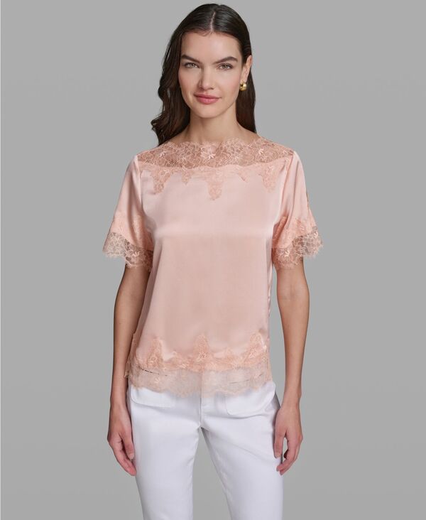 カール ラガーフェルド レディース トップス シャツ レーストリム 半袖 ブラウス レース KARLAGERFELD PARIS Women'short-Sleeve Lace Trim Blouse Light Blush ブラッシュ|ReVida 店