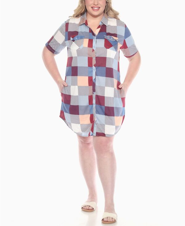 ホワイトマーク レディース トップス ワンピース シャツ ダウン White Mark Women'short Sleeve Plaid Button-Down Shirt Dress Blue ブルー｜ReVida 店