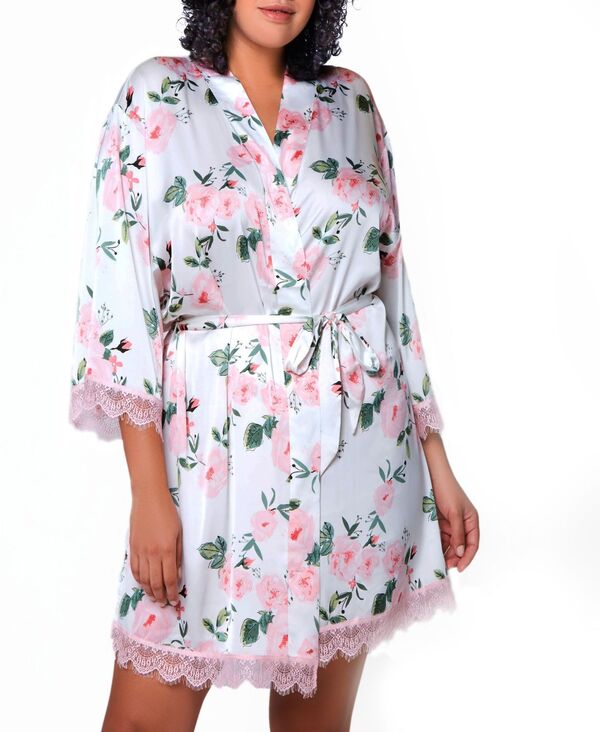 アイコレクション レディース アンダーウェア ナイトウェア プラスサイズ サテン レース iCollection Willow Plusize Satin with Lace Robe Pink ピンク｜ReVida 店 25,760円