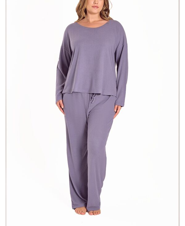 アイコレクション レディース アンダーウェア ナイトウェア プラスサイズ ニット 長袖 iCollection Plusize Baby Waffle Stretch Knit Long-Sleeve Pajama Set Orchid｜ReVida 店