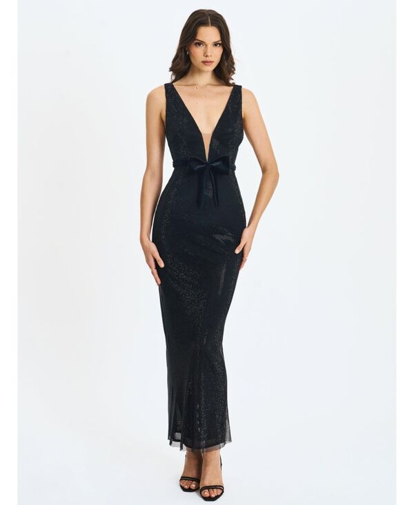 ミスサークル レディース トップス ワンピース マキシ Miss Circle Women Olympia Black Belted Bow Plunging Rhinestone Maxi Dress Black ブラック｜ReVida 店