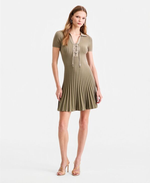 ゲス レディース アウター ニット・セーター ポロシャツ レース GUESS Women's Regina Lace-Upolo Sweater DressAGE & OLIVE GRN STRIPES セージ|ReVida 店