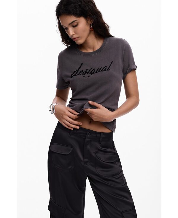 デジグアル レディース トップス Tシャツ 刺繍 ロゴ Desigual Women's Embroide red Logo T-Shirt Dark grey グレー|ReVida 店