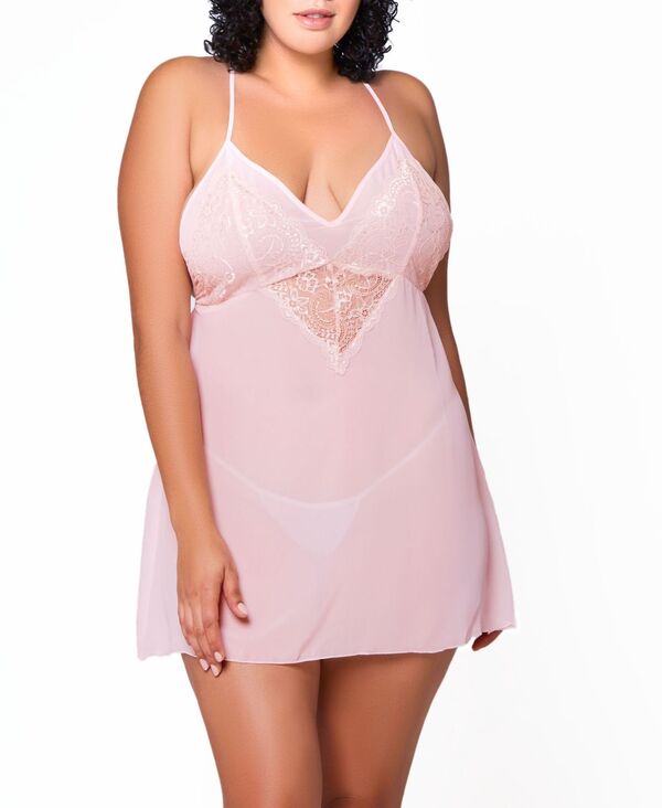 アイコレクション レディース アンダーウェア ナイトウェア シフォン プラスサイズ レース iCollection Ava Plusize Chiffon & Lace Babydoll 2-Piece Lingerie Set Pink ピンク｜ReVida 店