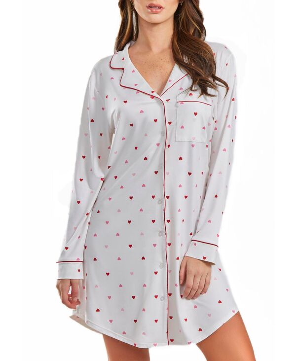 アイコレクション レディース アンダーウェア ナイトウェア ボタンダウン プリント シャツ コントラスト ダウン iCollection Women's Kyley Heart Print Button Down Sleep Shirt with Contrast Red Trim White-Red ホワイト|ReVida 店