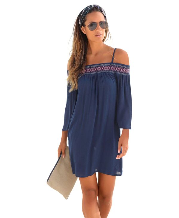 ラスカーナ レディース トップス ワンピース 刺繍 LASCANA Women's Embroide red Cold Shoulder Beach Dress Navy ネイビー|ReVida 店