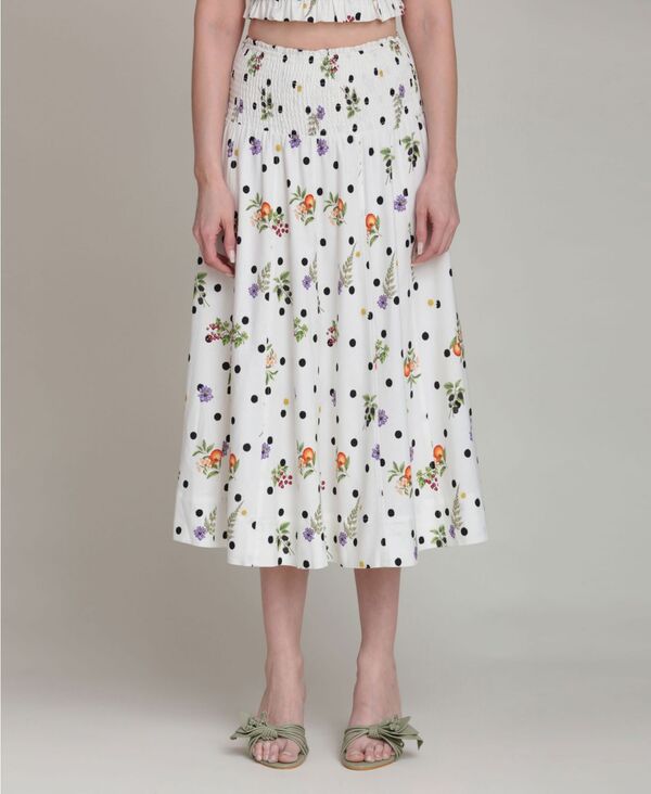 アヴェックレフィーユ レディース ボトムスカート プリント ミディ シャーリング Avec Les Filles Women's Printed Smocked Waist Midi Skirt Cream Scatte red Botanical クリーム｜ReVida 店 14,950円