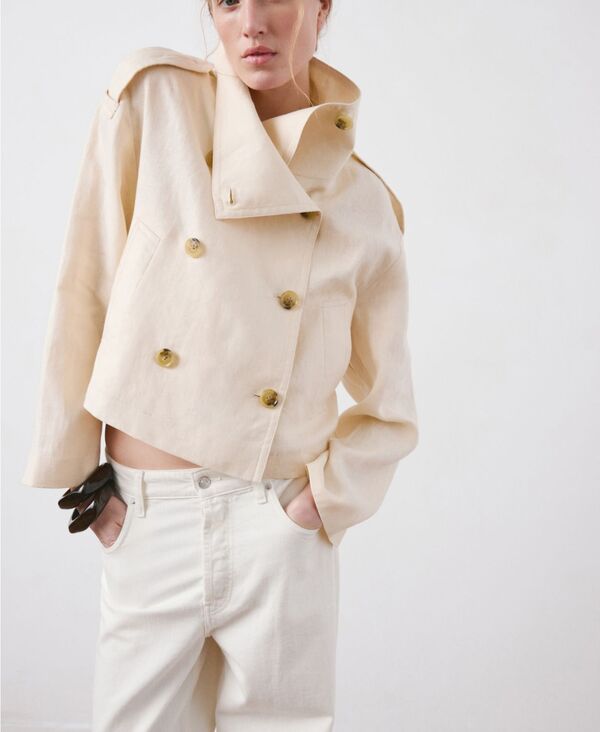 マンゴ レディース アウター コート リネン MANGO Women's Funnel-Neck Linen Trench Coat Ecru エクリュ｜ReVida 店