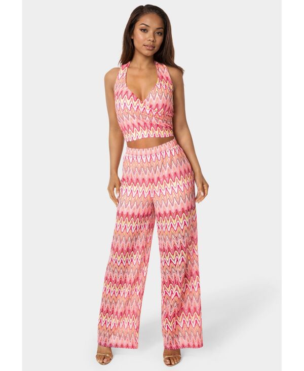ベベ レディース ボトムス カジュアルパンツ ホルター Bebe Women's 2-Piece Chevron Halter Top Flare Pantset Pink multi ピンク|ReVida 店