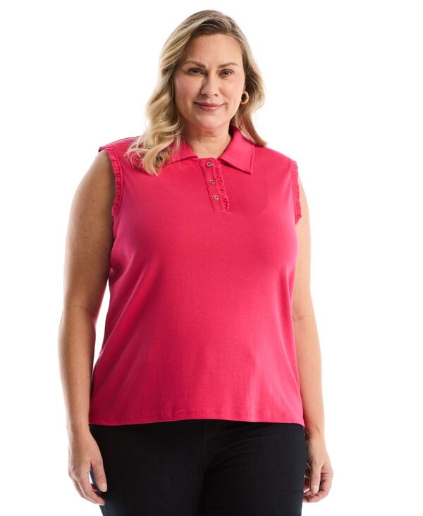 ラファエラ レディース トップス ポロシャツ プラスサイズ フリル ノースリーブ Rafaella Plusize Ruffle Trim Sleeveless Polo Shirt Raspberry|ReVida 店